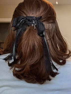 Handmade Black Lace Ribbon Hair Bow with Charm - Women Accessories